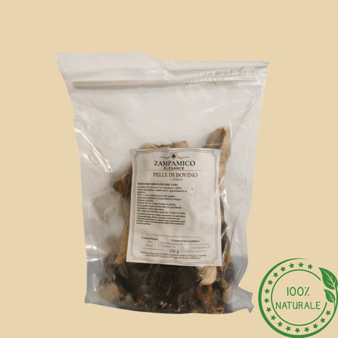 Strisce di Pelle Bovina Essiccata con Pelo – Snack Masticativo Naturale per Digestione e Igiene Dentale
